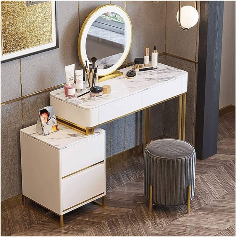 LSHTAR Marmor-Tisch-Schminktisch, multifunktionaler  Make-up-Schreibtisch-Aufbewahrungsschrank mit beleuchtetem Spiegel und  Hocker für Schlafzimmer,