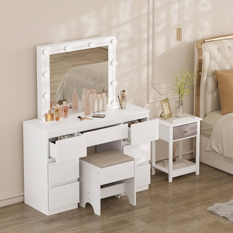 WOLTU MBws Dressing Table with LED Lighting, Adjustable Brightness,  Cosmetic Table with Large Mirror, Dressing Table with  Drawers,  x